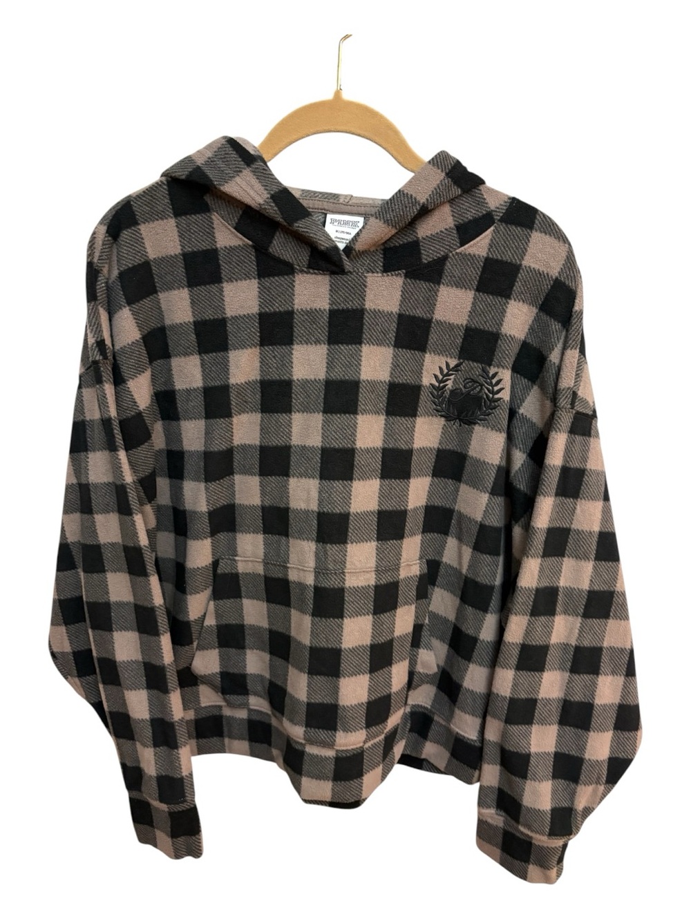 VS PINK Plaid Fleece Cropped Hoodie Dusty Rose Brown Black Oversized M